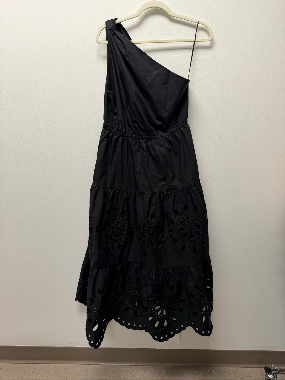 Anthropologie Black One-Shoulder Eyelet Midi Dress